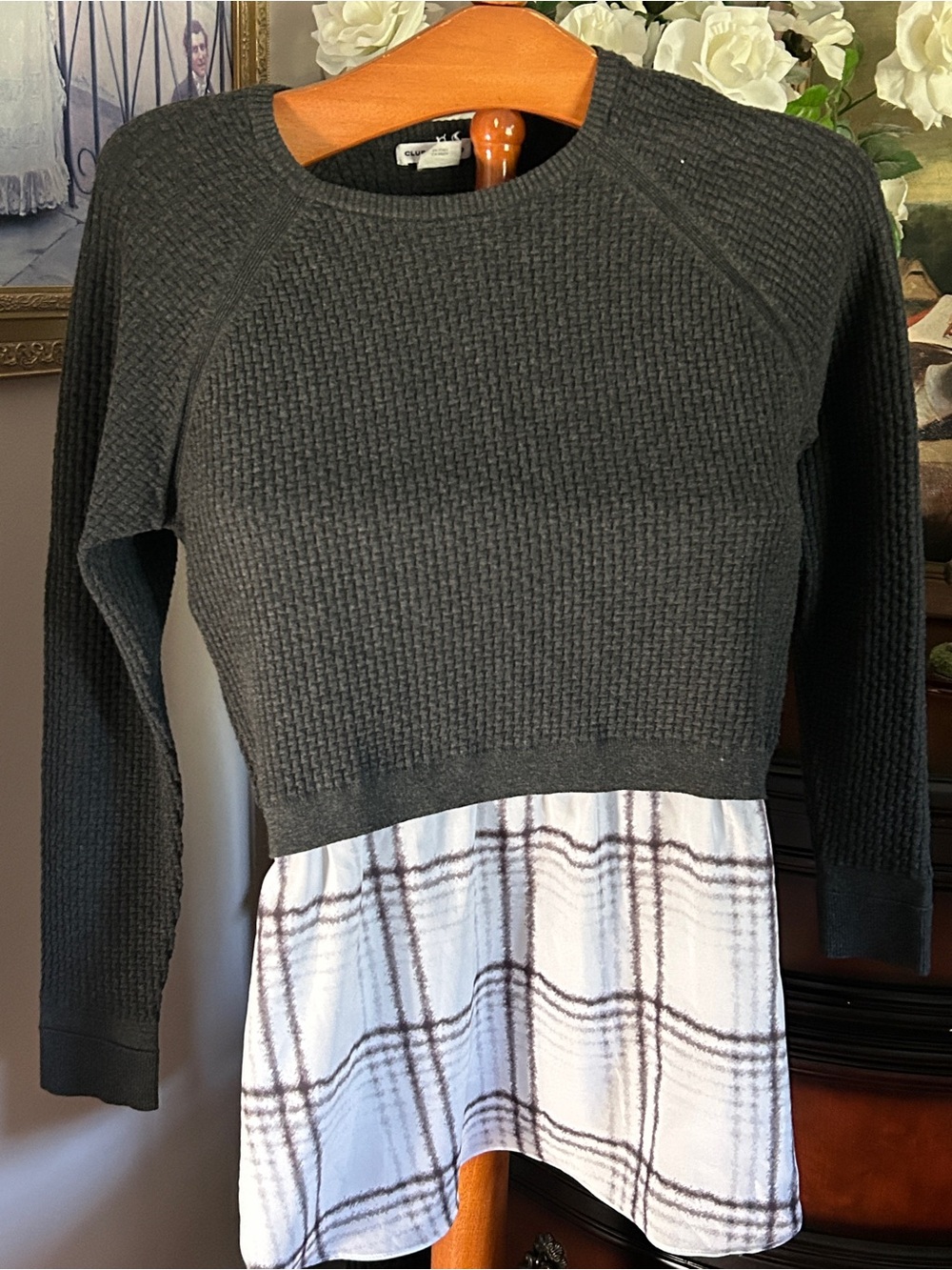 Club Monaco Black Waffle-Knit Long Sleeve Layered Sweater insert Plaid Hem Sz M
